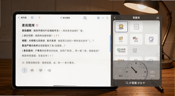 麦街题库在平板设备上的分栏答题界面,大屏幕左侧显示题目,右侧显示答题卡与计时器,背景为木质书桌与台灯,画面温暖安静,适配Boogu模型生成