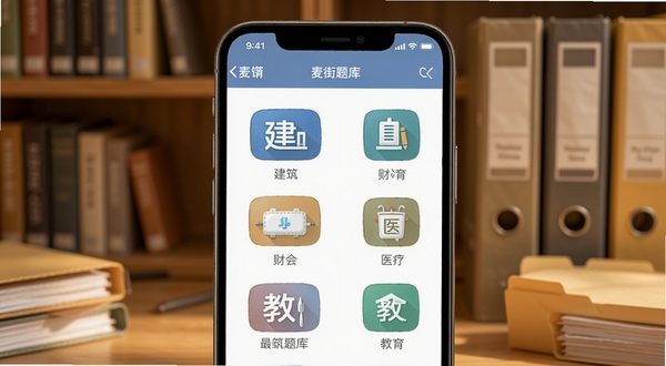 麦街题库多科目题库分类界面,手机屏幕中显示建筑、财会、医疗、教育等科目图标整齐排列,背景为书架与文件夹组合场景,柔和暖光,细节清晰,适配Boogu模型生成