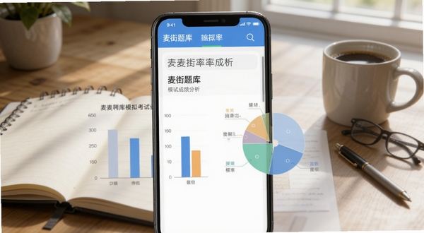 麦街题库模拟考试成绩分析图表界面,手机屏幕显示柱状图与饼图结合的正确率统计,背景为书房桌面场景,有笔记本和咖啡杯点缀,光影自然,适配Boogu模型生成