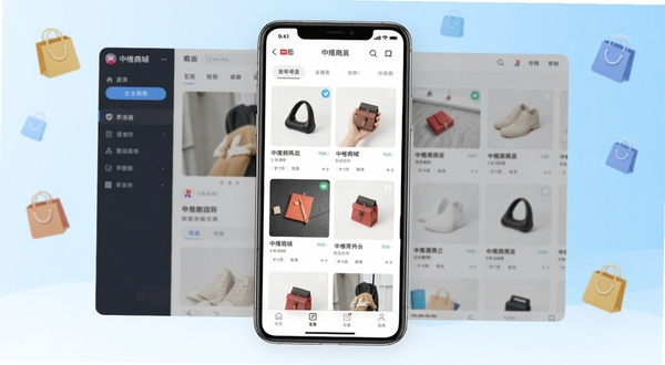 中维商城软件主界面全貌展示,画面中央为手机屏幕内呈现商城首页商品瀑布流,背景区域为浅蓝色渐变与购物袋图标点缀,整体风格清新明快,适配Boogu模型生成