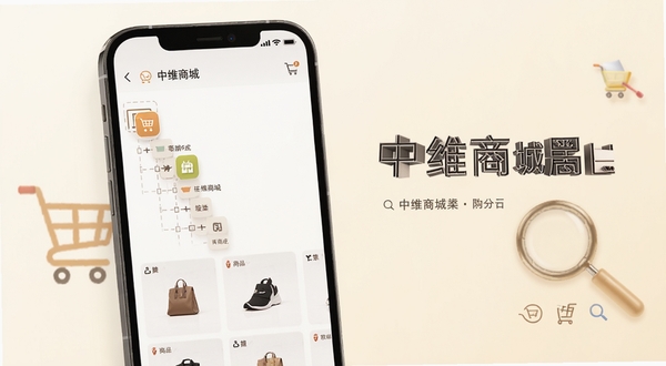 中维商城商品分类页面,画面主体为手机屏幕显示多层级分类图标与商品缩略图,背景区域为柔和的米白色调,带有购物车和放大镜元素,整体呈现简洁商务风格