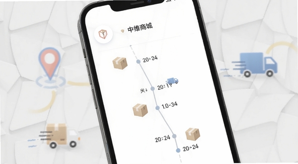 中维商城订单物流追踪界面,画面主体为手机屏幕展示物流时间轴与包裹运输图标,背景区域为淡灰色几何纹理,带有定位和货车元素,整体风格素雅极简
