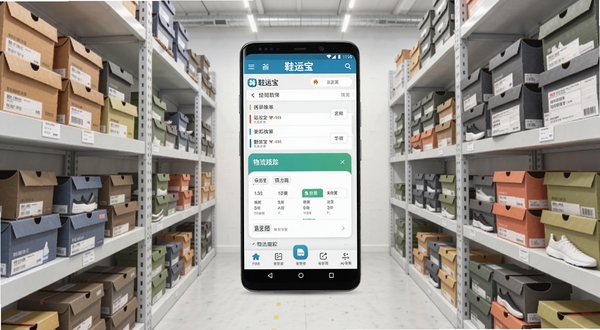 鞋运宝软件主界面全貌预览图,画面中央展示一部竖屏安卓手机,手机屏幕内呈现鞋运宝的运单列表与物流跟踪卡片,背景为浅灰色仓库货架区域,货架上整齐摆放着各式鞋盒,画面整体采用清爽明亮的商务风格,突出鞋运宝品牌标识与核心功能入口。