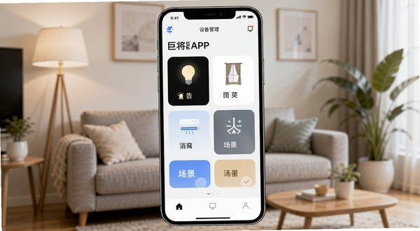 画面主体为一部竖屏智能手机居中放置,屏幕显示巨将智能APP的设备管理主界面,界面中有灯光、窗帘、空调等设备卡片与场景按钮;背景为温馨的现代客厅一角,沙发、落地灯、绿植虚化处理,整体色调明亮柔和,科技感与生活气息并存,高清细节,适合作为软件下载站文章配图