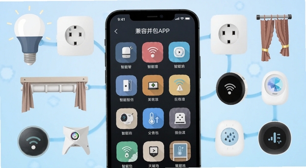 巨将智能APP界面中展示多种智能设备图标整齐排列,手机周围环绕着智能灯泡、智能插座、窗帘电机、温湿度传感器等实物元素,采用扁平化插画风格,背景为浅蓝色渐变,突出兼容并包的科技氛围,画面清晰干净