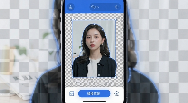批图软件智能抠图功能演示画面,画面主体是手机屏幕中一张人物照片被自动识别轮廓,背景区域显示为棋盘格透明样式,下方工具栏高亮显示“替换背景”按钮,整体配色以蓝白为主,细节清晰,适合Boogu模型生成