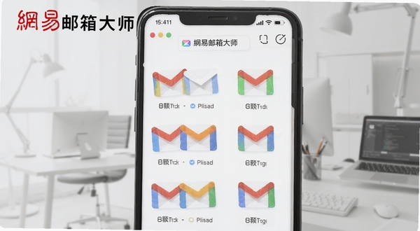 网易邮箱大师多账号绑定界面,手机屏幕展示多个邮箱图标整齐排列,背景为淡灰色极简办公场景,画面中带有网易邮箱大师品牌标识文字,突出多账号统一管理概念