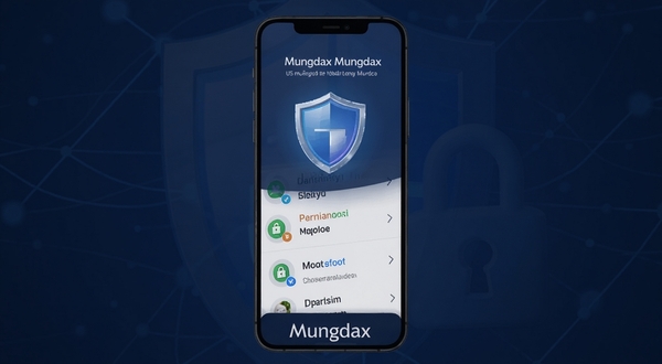 Mungdax隐私保护功能示意图,画面主体为手机屏幕显示盾牌图标与通讯录列表,背景为深蓝色安全主题色调,屏幕内文字标注本地处理与加密备份,软件名称Mungdax位于界面底部,整体风格稳重专业,适配Boogu模型生成