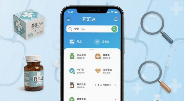 ҩ����ƶ���Ӧ��������չʾͼ�������������һ�������ֻ�����Ļ�ڳ���ҩ���APP��ҩƷ���ർ����������������Ϊǳ��ɫ����ҽ�Ʒ����Χ��׺ҩ����Ŵ�ͼ�꣬����ɫ����ˬרҵ������Booguģ������