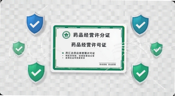 ҩ��﹩Ӧ������չʾҳ�棬�ֻ���Ļ������ʾһ��ҩƷ��Ӫ����֤��ʽ�Ŀ�Ƭ����Χ���ƶ�����Թ�ͼ�꣬����Ϊ����ɫ�������������崫�ݰ�ȫ���ŵ��Ӿ�����