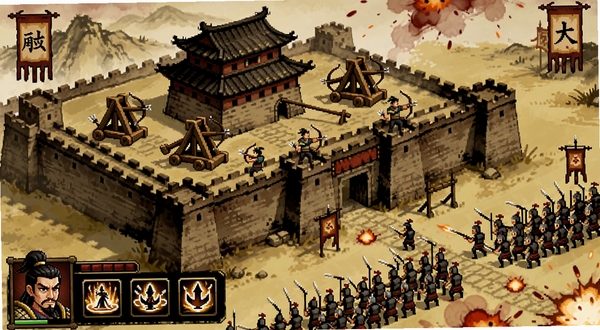 大战国 游戏主界面全景展示,画面中央是一座古代城池,城墙上有弓箭手和投石车,城外敌军列阵进攻,画面左下角显示武将头像和技能按钮,整体采用水墨像素风格,色调以土黄和暗红为主,氛围紧张激烈