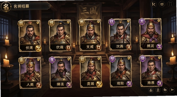 攻城三国游戏内名将招募界面,多位三国武将卡牌排列展示,金色与紫色品质标识清晰,背景为古代城池议事厅,烛光摇曳,画面风格写实偏国风