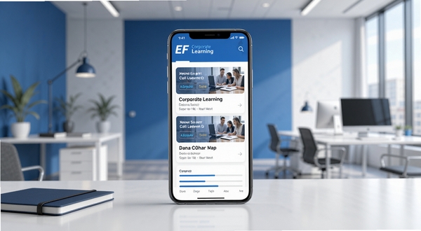 EF Corporate Learning 企业培训学习平台主界面展示,画面中央放置一部竖屏手机,屏幕内呈现课程列表与学习进度条,背景为整洁的现代办公场景,蓝白配色,风格简约商务,高清细节,适合软件下载站展示图