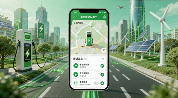 电绿动应用主界面展示,画面中央为手机屏幕呈现充电桩地图与附近站点列表,背景为城市道路与绿色能源元素融合,整体色调清新明亮,突出新能源出行主题,适配Boogu模型生成