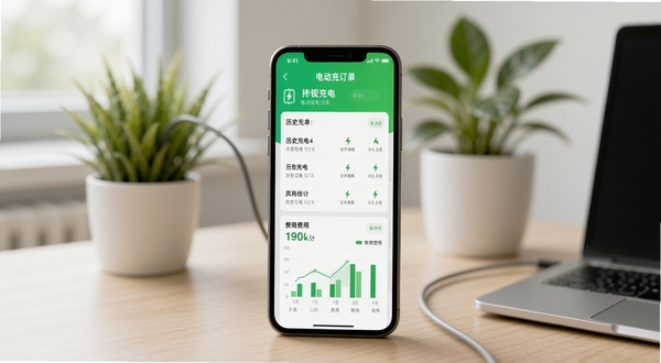 电绿动充电记录页面,手机屏幕展示历史充电订单列表与费用统计图表,背景为简约办公桌面与绿色植物,氛围轻松自然