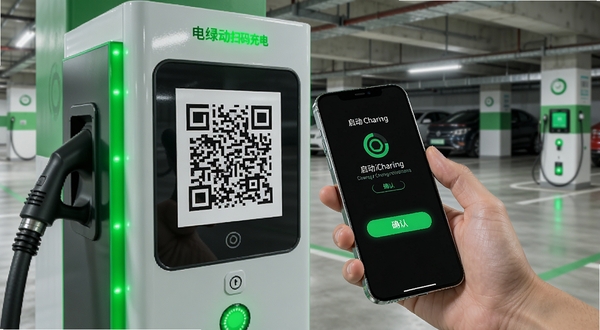 电绿动扫码充电操作示意图,手持手机对准充电桩二维码,屏幕显示启动充电确认界面,背景为地下停车场与绿色指示灯,画面清晰明亮