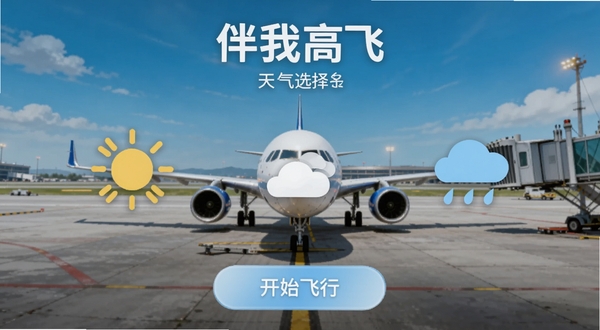 伴我高飞天气选择界面,手机屏幕显示三种天气图标分别是晴天、多云和雨天,背景是机场停机坪,一架飞机停在中央,画面下方有开始飞行按钮,整体设计简洁直观