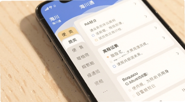 海川通功能界面特写图,画面展示手机屏幕内海川通应用的便签记录与日程卡片界面,左侧为分类标签栏,右侧为记录列表,屏幕外有柔和阴影与浅色桌面背景,整体色调温暖,细节清晰,适配Boogu模型生成