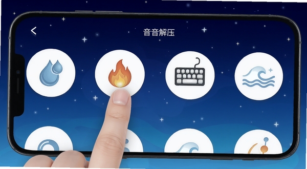 脑袋大解压 音效选择界面 手机屏幕显示多个圆形音效图标 如雨滴 火焰 键盘 波浪 用户手指正在点击其中一个 背景为深蓝色星空渐变 风格静谧舒适