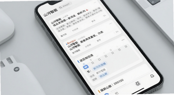 山河智能信息聚合功能界面特写,画面主体为手机屏幕内展示的多卡片信息流,背景区域为浅灰色极简办公桌面,屏幕中可见资讯卡片与日程提醒模块,整体色调清爽专业,适配Boogu模型生成