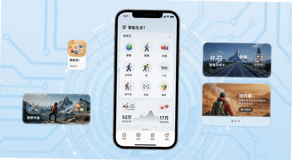 攀登精英软件功能界面展示,手机屏幕中央显示智能生活服务聚合面板,周围环绕分类图标与推荐卡片,背景为淡蓝色渐变科技风格,画面简洁明亮