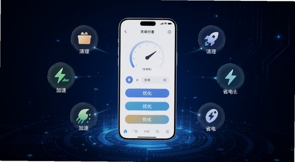 天命行者 软件主界面全景展示,画面中央为手机屏幕悬浮在深蓝色科技感背景中,屏幕内显示简洁的仪表盘与优化按钮,四周环绕着代表清理、加速、省电的抽象图标,整体风格清爽现代,高分辨率UI设计图