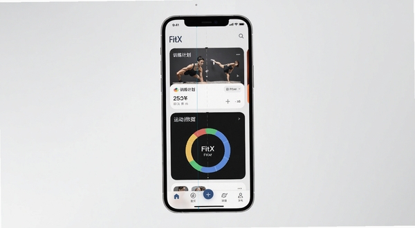 FitX Ӧ��������չʾ����������Ϊ�ֻ���Ļ����Ļ�ڳ����˶�����Ӧ�� FitX ����ҳ���֣�����ѵ���ƻ���Ƭ���˶����ݻ���ͼ��ײ�������������Ϊǳ��ɫ���䣬����������У������������׸ɾ������� Boogu ģ������