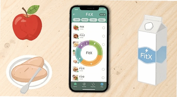 FitX ��ʳ��¼����������ҳ�棬�ֻ���Ļ��չʾ FitX Ӧ���е�ʳ���б���Ӫ������ͼ���Ա߷���ƻ���������⡢ţ�̵�ʳ��廭������ɫ�����£�����λ�����룬����Ϊǳɫľ������