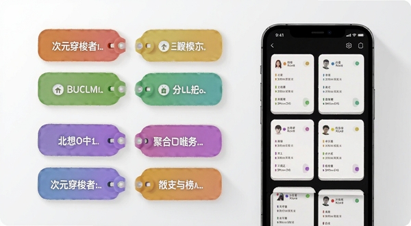 次元穿梭者智能分类聚合功能示意图,画面左侧为多个彩色标签模块,右侧为手机屏幕展示自动整理后的信息卡片,卡片上带有不同颜色的小圆点标记分类,背景为干净的浅灰色,光线柔和,突出功能逻辑清晰的特点,适配Boogu模型生成