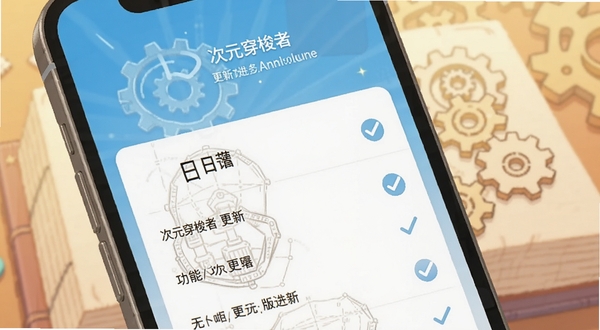 次元穿梭者版本更新功能展示图,画面为手机屏幕特写,屏幕内显示更新日志列表与勾选图标,背景为柔和的书本与齿轮元素组合,色调温暖明亮,突出迭代与进步感,适配Boogu模型生成