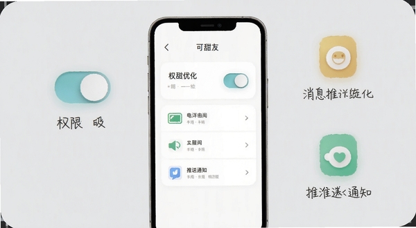 可甜交友 安装权限设置与消息推送优化示意图,手机屏幕居中,背景为浅灰色,画面包含权限开关、电池优化选项和推送通知图标,风格简洁实用,适合Boogu模型生成