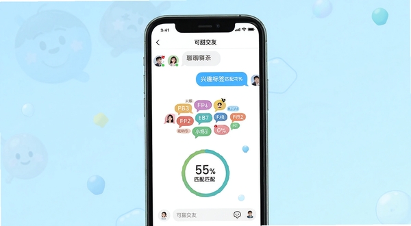 可甜交友 聊天界面与兴趣标签匹配功能展示,手机屏幕居中,背景为浅蓝色渐变,画面包含对话气泡、兴趣标签云和匹配度百分比,风格简洁明快,适合Boogu模型生成