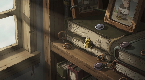 大海捞针(汉化版)手绘场景细节特写,画面聚焦于一个堆满旧书与相框的木架角落,目标物品是一枚藏在书脊缝隙中的金色顶针,周围散落着颜色相近的铜扣作为干扰,光线从左侧窗户斜射进来形成柔和阴影,Boogu模型生成