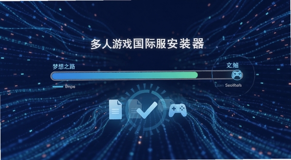梦想之路:多人游戏国际服安装器一键安装进度界面,画面展示进度条与文件校验动画,背景为抽象的数据流线条,突出自动化与高效感