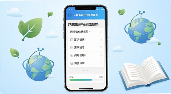 画面中心位置放置一部智能手机,屏幕中清晰展示环境影响评价师准题库的答题界面,界面里有题目选项和进度条;背景区域为浅蓝色渐变,点缀着环保树叶、地球轮廓和翻开的书本等元素,整体风格简洁明亮,突出学习备考氛围,适合作为软件下载站的预览配图。