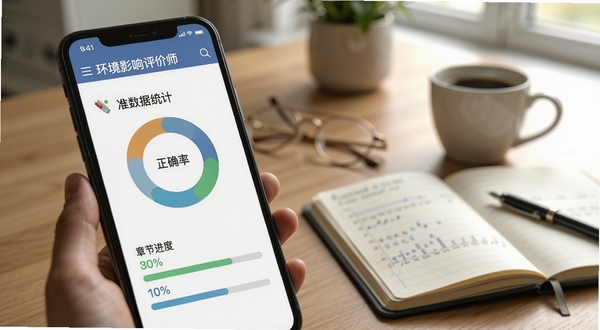 环境影响评价师准题库学习数据统计页面,手机屏幕显示正确率环形图和章节进度条,背景为书桌场景,旁边放着笔记本和咖啡杯,光线柔和,体现专注备考的日常氛围。