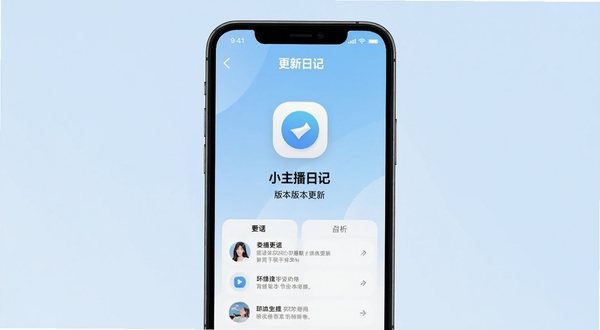 小主播日记最新版本更新界面展示,手机屏幕显示版本更新日志列表,背景为干净的浅蓝色渐变,画面中央有更新图标与文字说明,整体风格现代简洁