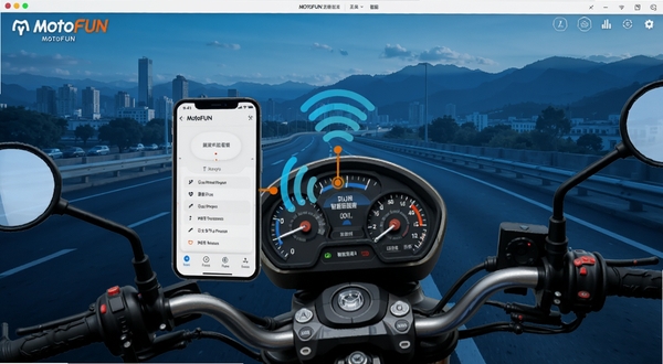 MotoFUN软件主界面全貌展示,画面中央为手机与摩托车仪表盘通过无线信号连接的示意图,背景是城市道路与远山,整体色调科技蓝与橙色点缀,突出智能互联主题