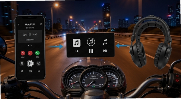 MotoFUN蓝牙通话与音乐控制界面,展示手机与头盔耳机、机车仪表三方互联,画面中有来电提示与音乐播放控件,背景为夜间城市道路