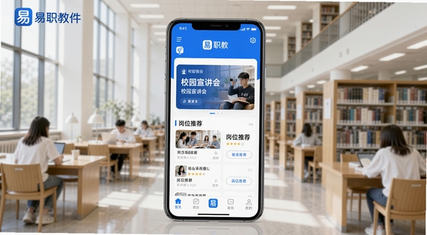 易职教软件主界面全貌展示,画面中央是手机屏幕中的易职教应用首页,包含校园宣讲会卡片、岗位推荐列表和底部导航栏,背景为明亮整洁的校园图书馆场景,整体色调清新蓝白搭配,突出易职教品牌标识,适配Boogu模型生成