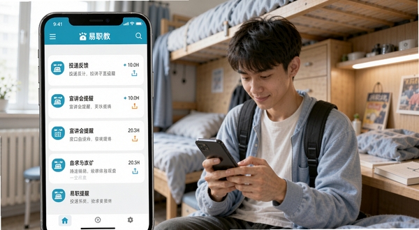 易职教消息通知与进度提醒界面,手机屏幕显示消息列表,包含投递反馈、宣讲会提醒等条目,背景为大学生在宿舍查看手机的场景,画面明亮,突出易职教品牌色