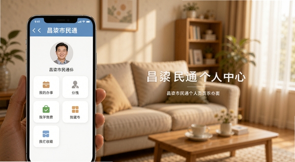 昌黎市民通个人中心页面示意图,手机屏幕显示个人头像、我的办事、我的缴费、我的收藏等模块,背景为温馨的家庭客厅场景,色调柔和,突出个性化服务体验