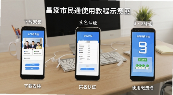 昌黎市民通使用教程示意图,画面展示手机屏幕操作步骤,从下载安装到实名认证再到使用缴费功能,分步骤图解,背景为简洁的办公桌面,风格清晰易懂
