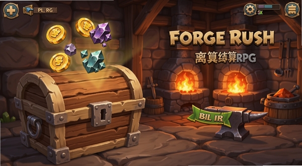 Forge Rush - Idle RPG��Ϸ�����ͼ��񣬻��������ʾһ���޴��ľ�ʱ��䣬�����Ϸ�Ư���Ž�����ʯͼ�꣬�Ҳ�Ϊ�������ڲ���������������¯�����˸������ɫ��ƫů��ͻ�������������������