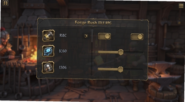 Forge Rush - Idle RPG��Ϸ���Զ��������ý��棬��������Ϊ��͸����������壬�������г�װ��Ʒ��ͼ�꣬�Ҳ��п��ذ�ť�ͻ�����������Ϊģ���������̳���������UI����࣬�����ɫ�ͽ�ɫΪ��ɫ��