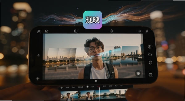 一部智能手机屏幕上展示着现映应用的视频编辑界面,画面中一位年轻人的旅行照片正在被套用动态转场模板,屏幕上方悬浮着“现映”应用图标和流动的光影特效,背景是虚化的城市夜景,整体色调温暖且富有科技感。