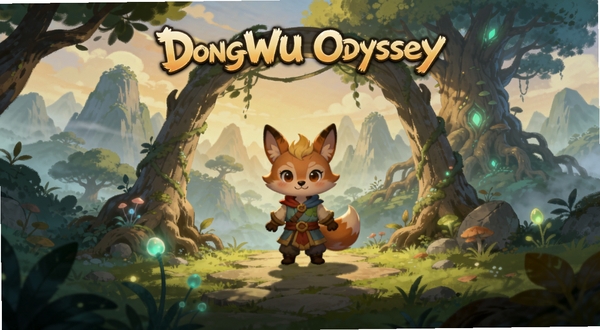 DongWu Odyssey 游戏主界面全景,中央是一只拟人化小动物守护者站在奇幻森林入口,背景是层叠的远山与发光古树,画面温暖治愈,手绘质感,16:9横版构图,适合作为游戏宣传主视觉
