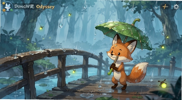 DongWu Odyssey 游戏内雨天场景,一只小狐狸撑着荷叶伞站在木桥上,背景是朦胧的森林与闪烁的萤火虫,手绘水彩风格,色调偏冷但温馨,突出动态天气细节