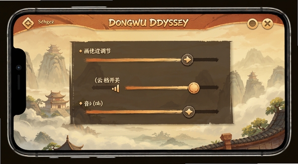 DongWu Odyssey 游戏设置界面,展示画质调节、云存档开关、音量控制等选项,界面简洁,以暖色调为主,突出手机屏幕上的操作按钮