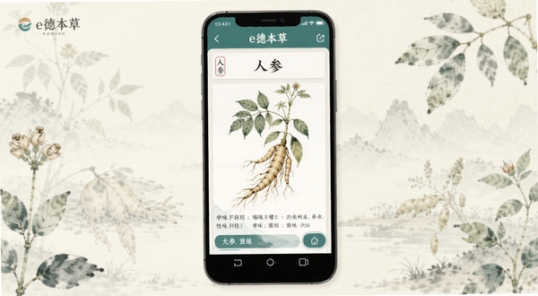 一款名为e德本草的安卓应用界面展示,画面主体为手机屏幕,屏幕中央显示着中药材“人参”的详细资料页,包含植物手绘插图与性味归经文字,背景为淡雅的中式水墨风格,有淡淡的草本植物虚影,整体色调为柔和的米白色与青绿色,突出传统与科技结合的氛围。